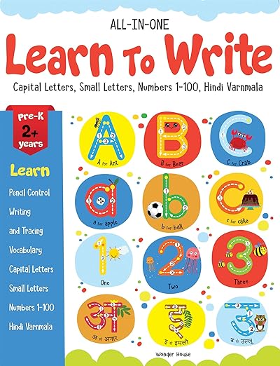 All In One - Learn To Write: Capital Letters, Small Letters, Numbers 1-100, Hindi Varnmala